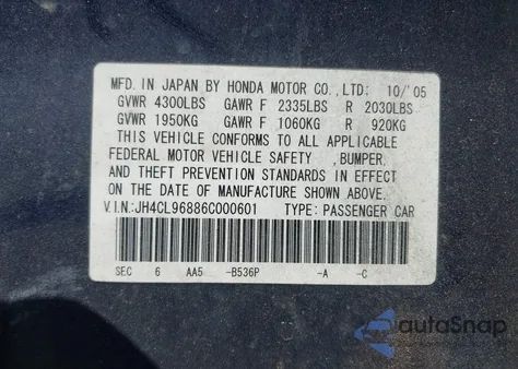 2006 Acura Tsx из США, поврежденный, VIN JH4CL96886C000601